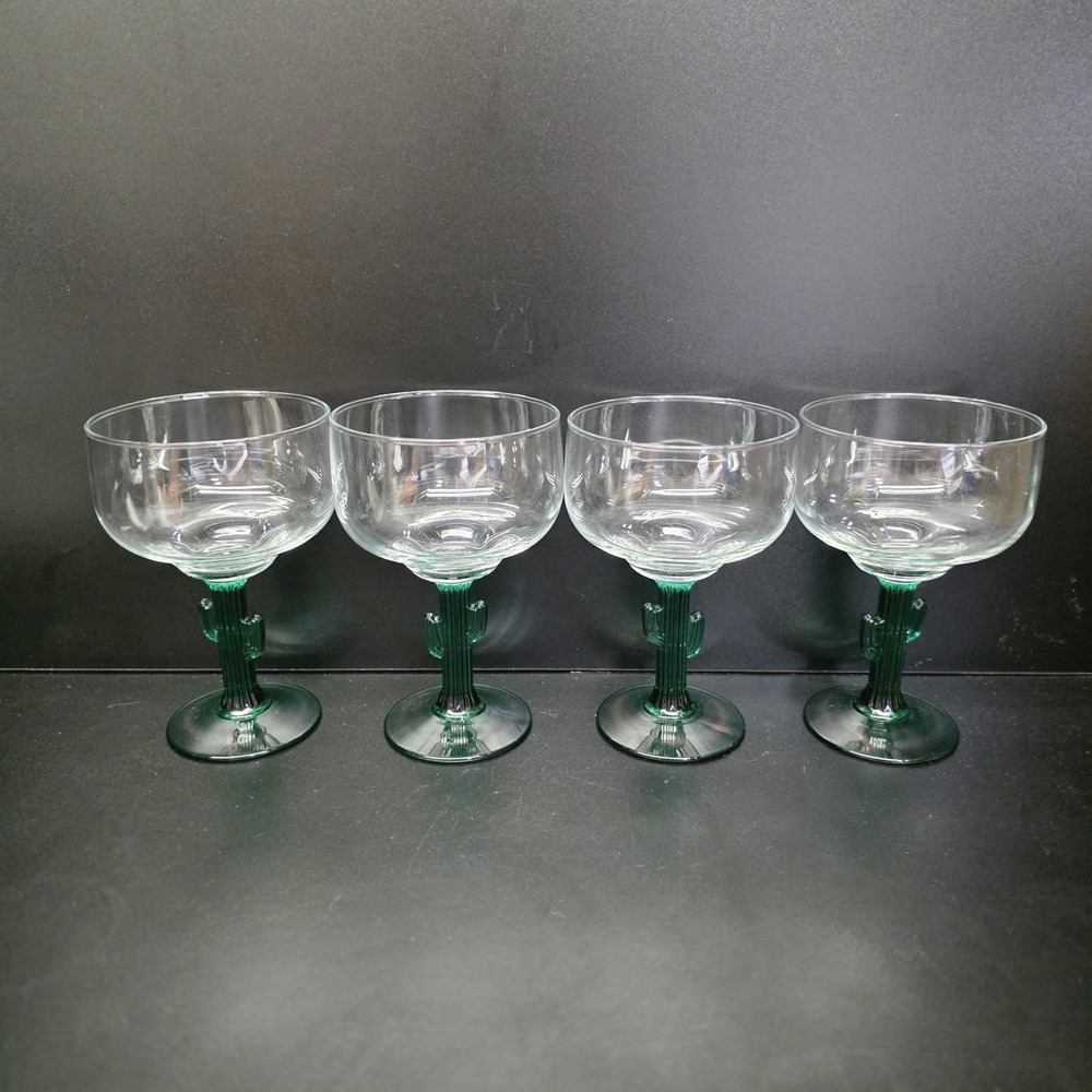 Libbey Cactus Margarita Glasses Set of 4 Green Stem 12oz Southwestern Barware